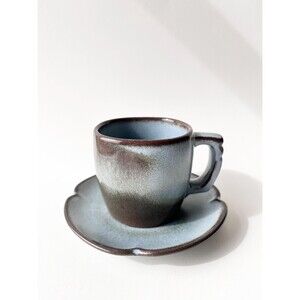 Vintage 1960s-70s Blue Frankoma Pottery Coffee Tea Mug with Saucer | Plainsman
